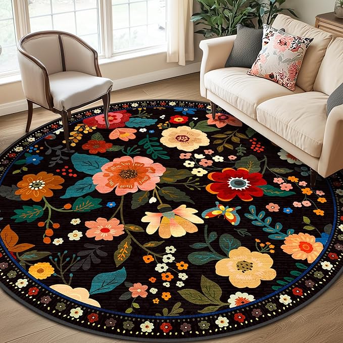 Floral 8ft Area Rug Machine Washable Soft Print Boho Carpet Non Slip Doormat Low Pile Flower Area Rugs for Living Room Bedroom Nursery Kitchen Dining Room Indoor-Black