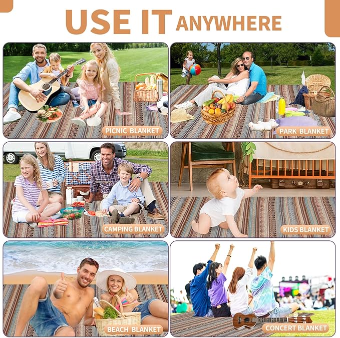 Extra Large Waterproof Picnic Blanket | Portable Camping & Beach Mat | Sand Free with Carry Strap | Park Blanket for Grass, Hiking, Travel, Concerts, Indoor (Orange)