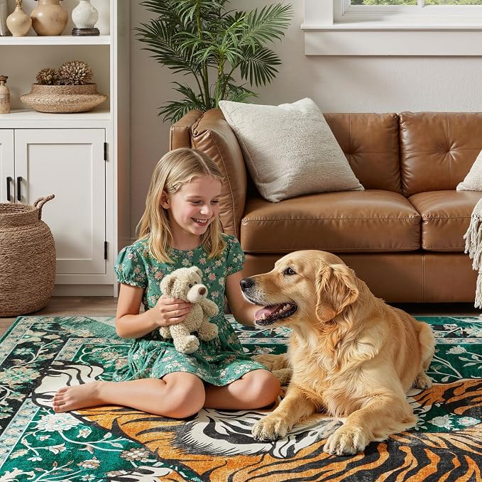 DCX Washable 9x12 Tiger Area Rug, Soft Low Pile Carpet, Kid & Pet Friendly - Image 4