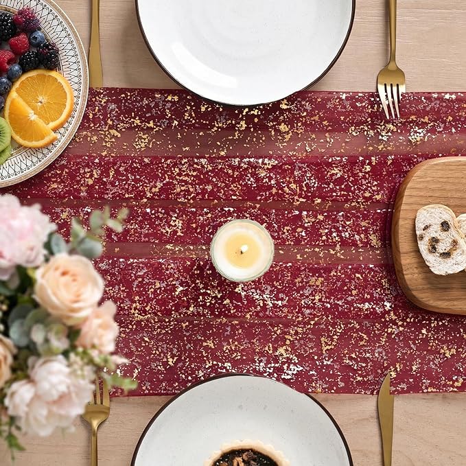 Artoid Mode Burgundy Gold Gauze Table Runner 120 Inch 10FT, Glitter Metallic - Image 3