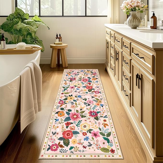 Floral 2x10 Area Rug Machine Washable Soft Print Boho Carpet Non Slip Doormat Low Pile Flower Area Rugs for Living Room Bedroom Nursery Kitchen Dining Room Indoor-Pink