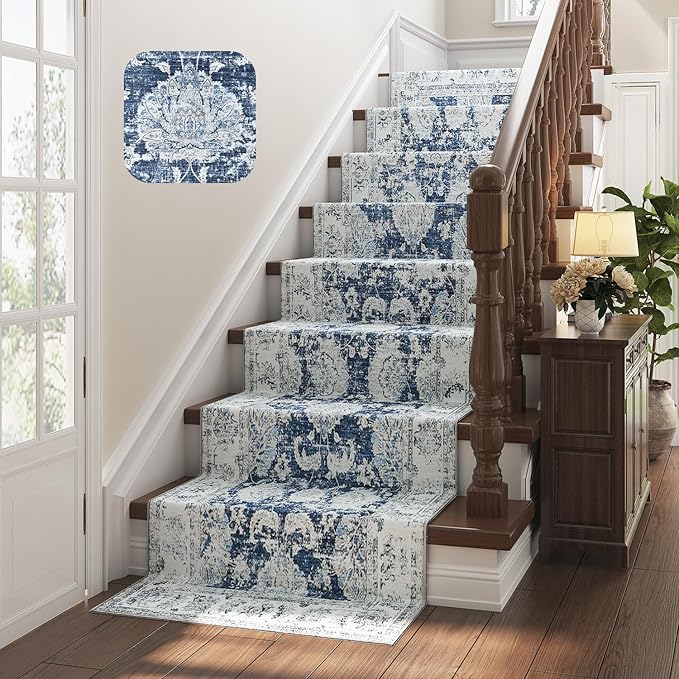 jinchan Hallway Runner Rug 3x10 Machine Washable Runner Rug Dark Blue Vintage Floral Design Non-Slip Low Pile Ultra-Thin for Kitchen Laundry Room Bedroom Farmhouse (3‘x10',Dark Blue)