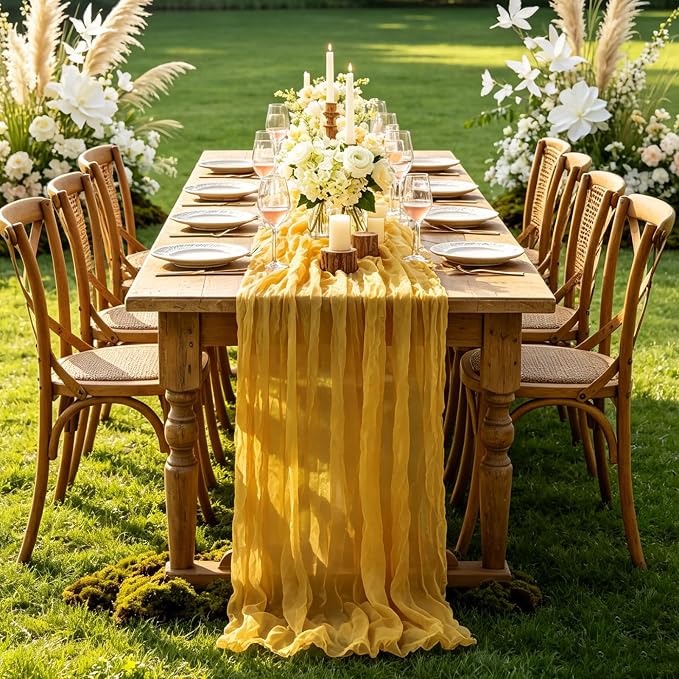 3Pcs Yellow Table Runner, 10FT Rustic Gauze Gold Table Runner 35*120inch Boho - Image 7