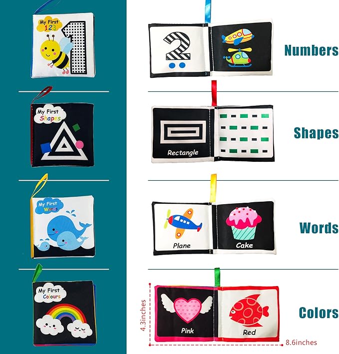 Soft Cloth Baby Book Toy 0-6 Months, Black White Baby Learning Book(Pack of 4),Touch and Feel Crinkle Book Infants 6-18 Months,Early Educational Toy 0-3 Months, Gift for Babies Infants