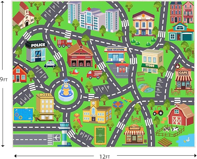 Kids Room Rug - Soft & Non-Slip 9x12 Ft Town Car Rug City Map Play Mat - Image 2