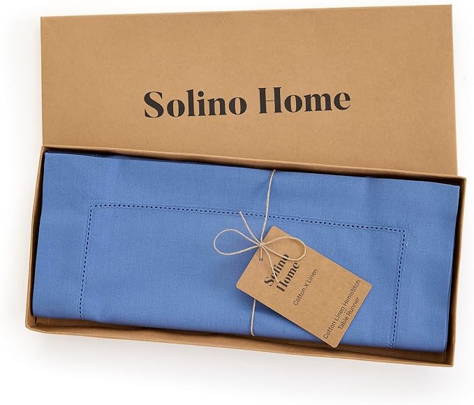 Solino Home Cotton Linen Table Runner Dusty Blue Hemstitch, 14 x 120 in | - Image 4