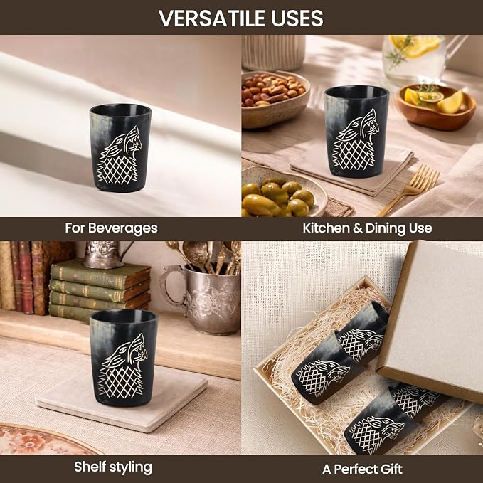 Handicrafts Home Viking Horn Shot Glasses Set of 4, Handmade Natural Ox Horn - Image 4