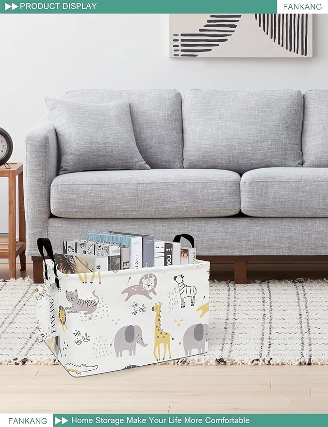 FANKANG Storage Bins, Nursery Hamper Canvas Laundry Basket Foldable with Waterproof PE Coating Large Storage Baskets for Kids Boys and Girls, Office, Bedroom, Clothes,Toys(Rec-Lovely Animals ）