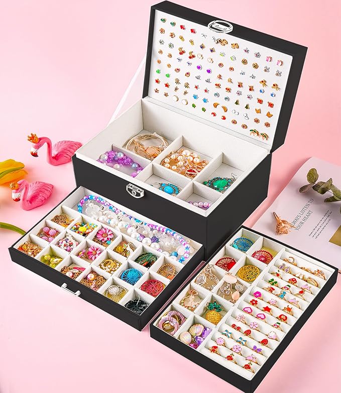 Earring Jewelry Box for Women Girls Stud Organizer, 5 Layers Black Jewelry Organizer Box With Lock Earring Holder Organizer Ring and Necklace Jewelry Box with Earrings Holder for Women Girls