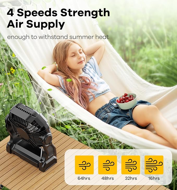 20000mAh Portable Battery Powered Camping Fan - with LED Light, Quiet Battery Operated, Camping Gear for Travel, Tent, Beach, Car or Hurricane Power Outages, Black