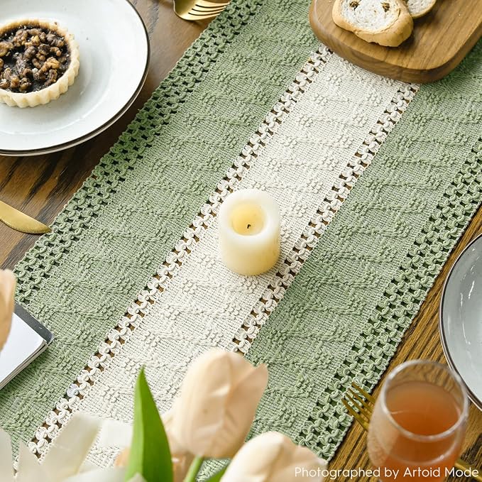 Artoid Mode Light Green Farmhouse Woven Table Runner 12x72 Inch | Seasonal - Image 4