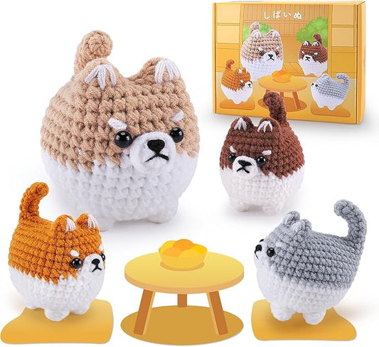 Crochet Kit for Beginners- 4 PCS Fat Shiba Inu Crochet Kits for Adults, 4PCS Corgi Dog Crochet Animal Kit with Step-by-Step Video Tutorials, Yarn, Crochet Hook, Instructions DIY Knitting Kit