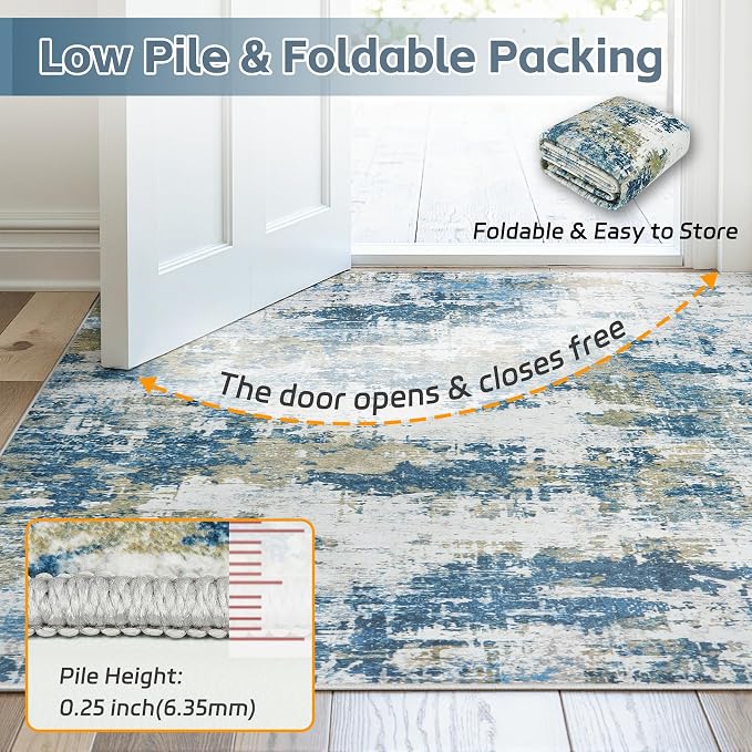 Area Rug 5x7 Living Room Rug Washable: No-Slip Abstract Soft Thin Large Blue - Image 8