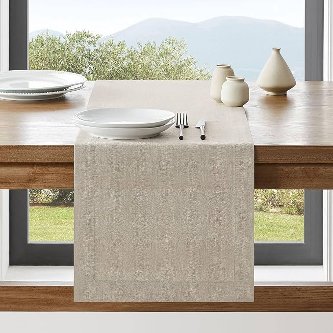 Linen Textured Border Table Runner, 14 x 60 Inch Natural | Mitered Corner Design by ZEEMARTONLINE