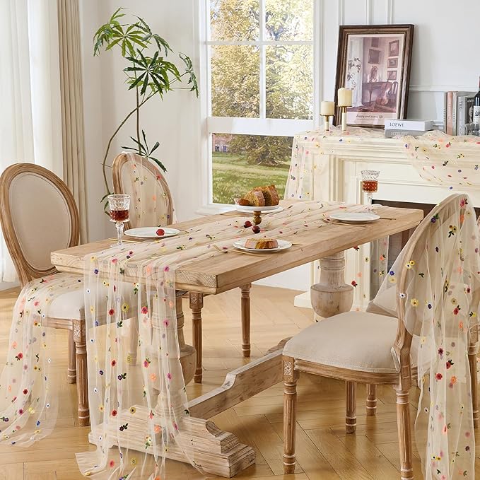 BINBE 3pcs Champagne Daisy Spring Table Runner Embroidery Gauze 10FT Florals - Image 6