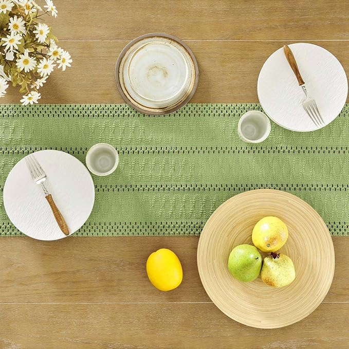 Macrame Style Boho Table Runner, 12x48 Inch Green | Woven Boho Table Runner - Image 4
