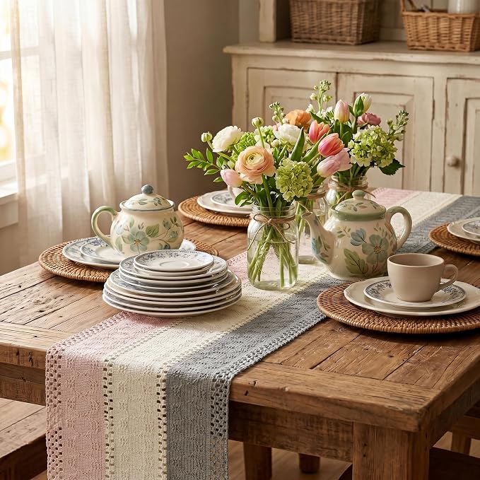 Artoid Mode Grey Beige Pink Farmhouse Rustic Table Runner 12x60 Inch | Holiday - Image 4