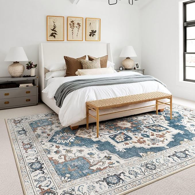 9x12 Washable Area Rug: Vintage Neutral Soft Non Slip Thin Large Floor Carpet - Image 3