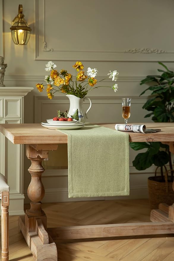Burlap Style Farmhouse Table Runner, 14x108 Inches Light Sage Green | Thick - Image 3