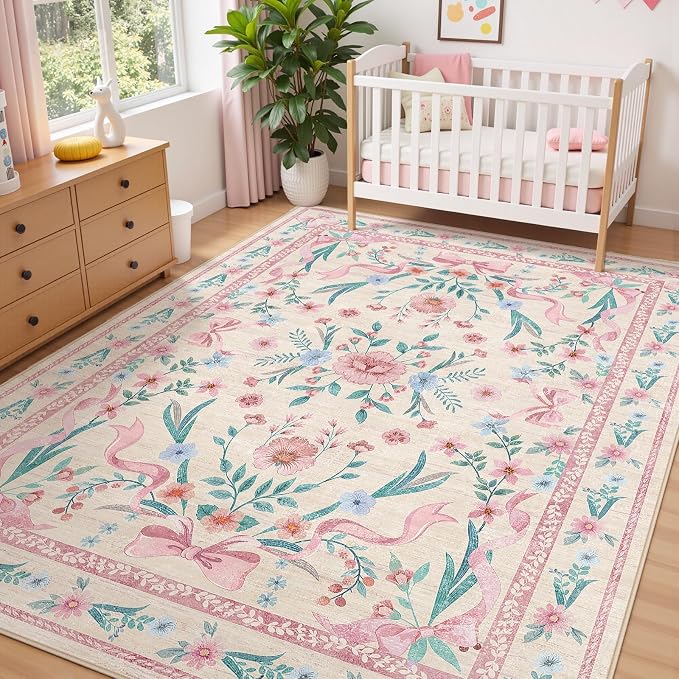 Pink Floral Bow Rug 6x9 for Living Room, Washable Non Slip Area Rug, Soft Boho - Image 6