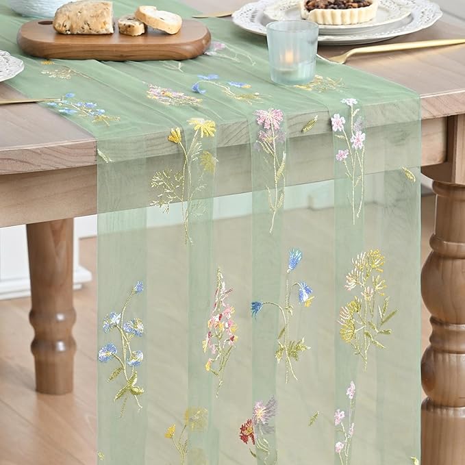 Artoid Mode 3PC Wildflower Floral Sage Green Gauze Embroidery Table Runner 120 by ArtoidMode