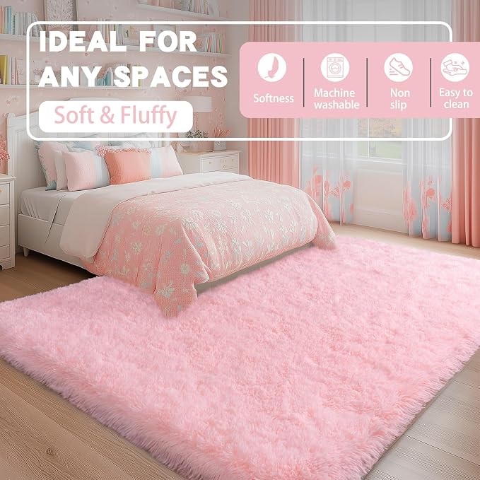 Fluffy Pink Rug for Bedroom Girls, 5x7 Soft Fuzzy Plush Shag Area Rug for - Image 4