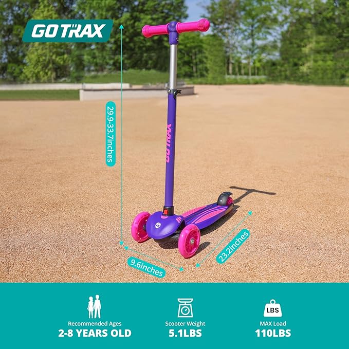 Gotrax KS1 Kids Kick Scooter, LED Lighted Wheels and 3 Adjustable Height Handlebars, Lean-to-Steer & Widen Anti-Slip Deck, 3 Wheel Scooter for Boys & Girls Ages 2-8 and up to 110 Lbs