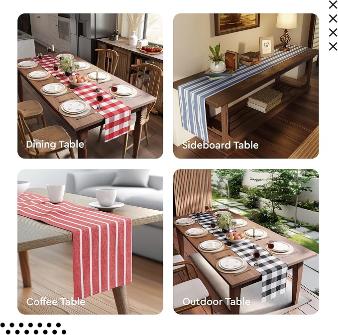 Encasa XO Table Runner, Woven Cotton Dining Runner 13"x59" Buffalo Blue Checks - Image 7