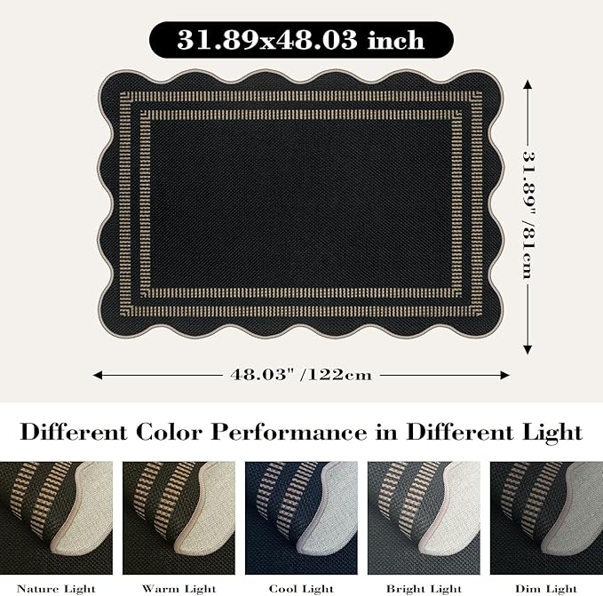 Scalloped Easy Jute Black Rug, 2.6x4 Front Door Washable Door Mat Non Slip - Image 2