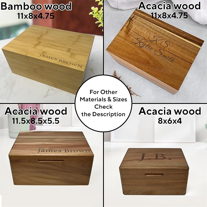 Custom Engraved Small Wooden Box - Acacia Wood Memory Boxes with Personalized Hidden Message, Walnut Keepsake Box for Pictures, Wedding Photo, Jewelry, Decorative Treasure Chest Rustic Crate, 8x6x4 in