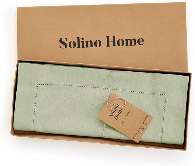 Solino Home Cotton Linen Table Runner Sage, Hemstitch Collection 14 x 90 in | - Image 4