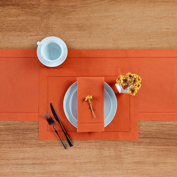 Solino Home Cotton Linen Table Runner Burnt Orange Hemstitch, 14 x 60 in | - Image 4