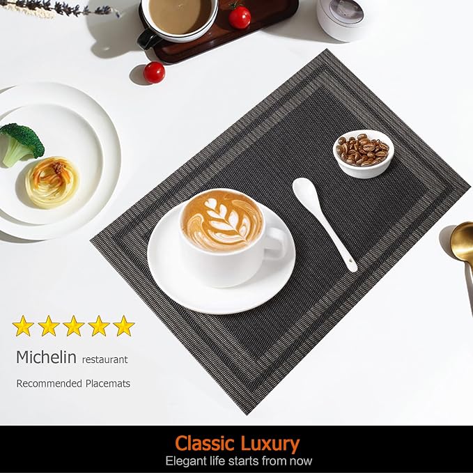 Black Gold Vinyl Placemats Set of 12, Heat Resistant Table Placemats | 18x12 - Image 2