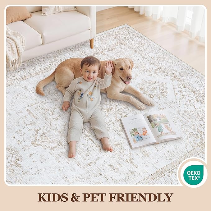 5x7 Area Rugs for Bedroom:Beige Washable Vintage Medallion Rug Non-Slip Soft - Image 4