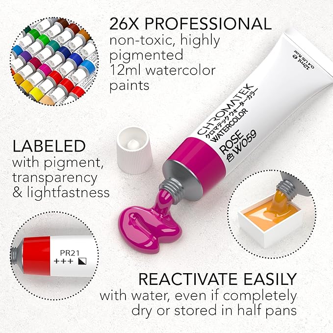 CHROMATEK Watercolor Paint Set - 48 Piece Kit for Adults, Beginners & Professional Artists - 48 x 12ml Liquid Water Color Tubes - Richly Pigmented Vibrant Colors - Art Supplies