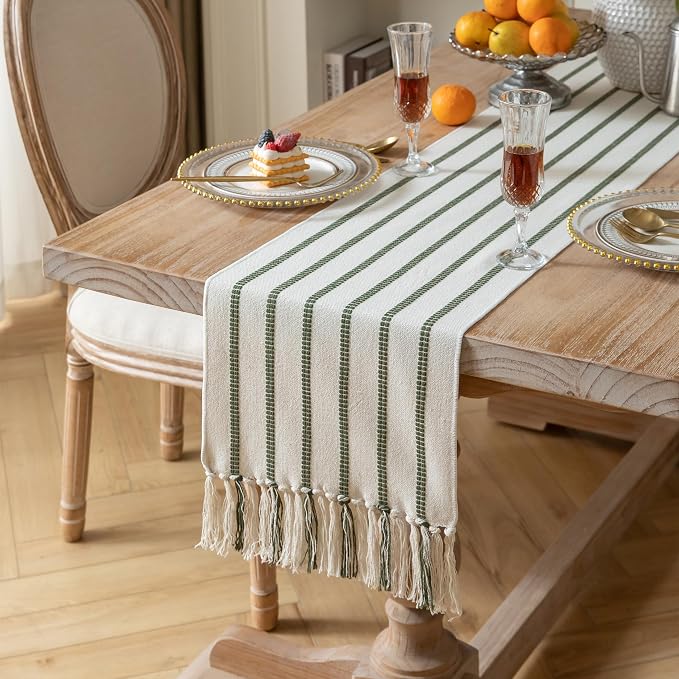 Caflife Boho Table Runner 108 Inchs Long Green and Beige, Cotton and Linen Woven - Image 2