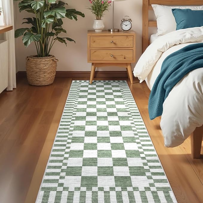 GarveeHome 2×12 Kitchen Runner Rug Non Slip, Sage Green Checkered Rug, Washable - Image 3