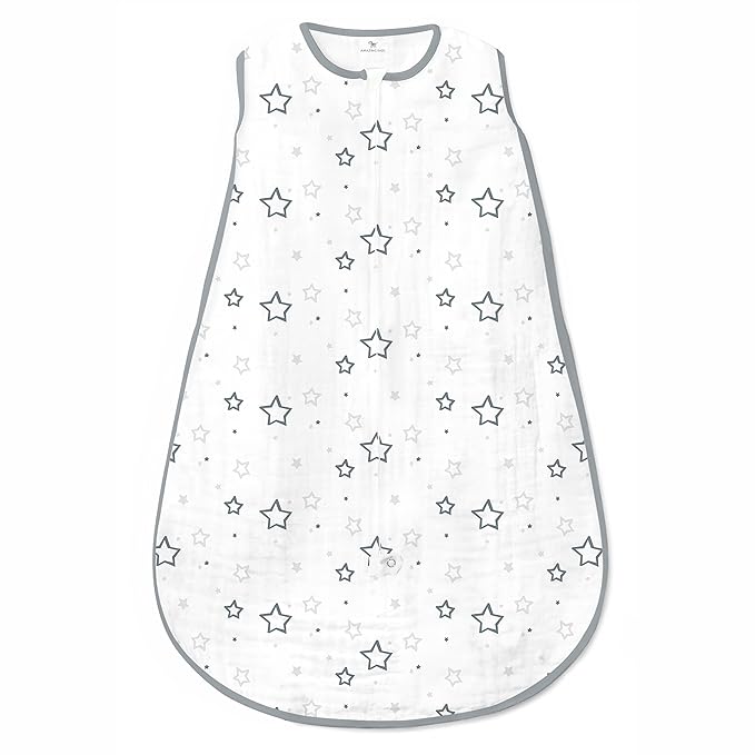 Amazing Baby Cotton Muslin Sleeping Sack, For Baby Boy or Girl, Wearable Blanket with 2-way Zipper, Stars, Sterling, Medium (6-12 Month)