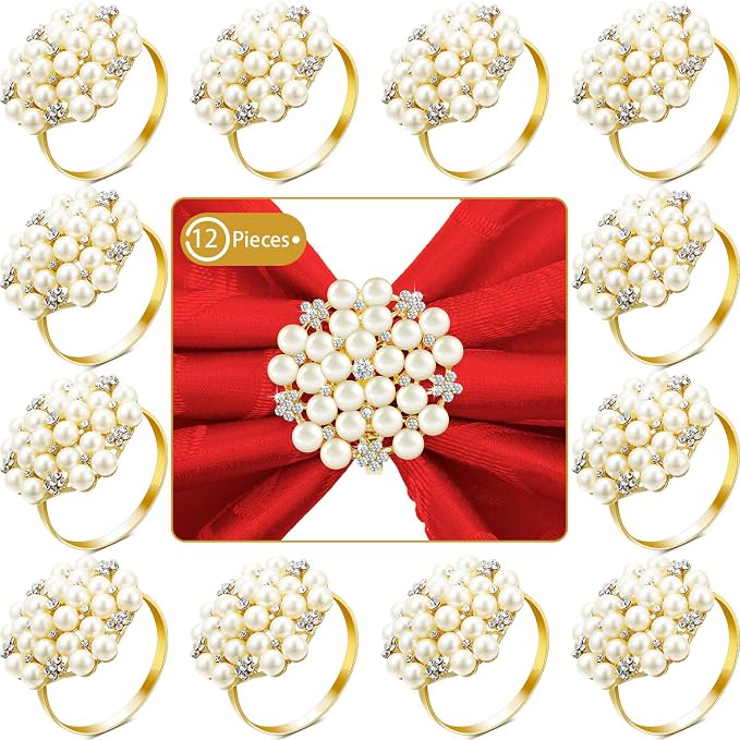 Hotop 200 Pcs Gold Napkin Rings Pearls and Flower Napkin Buckles Rhinestone by HOTOP