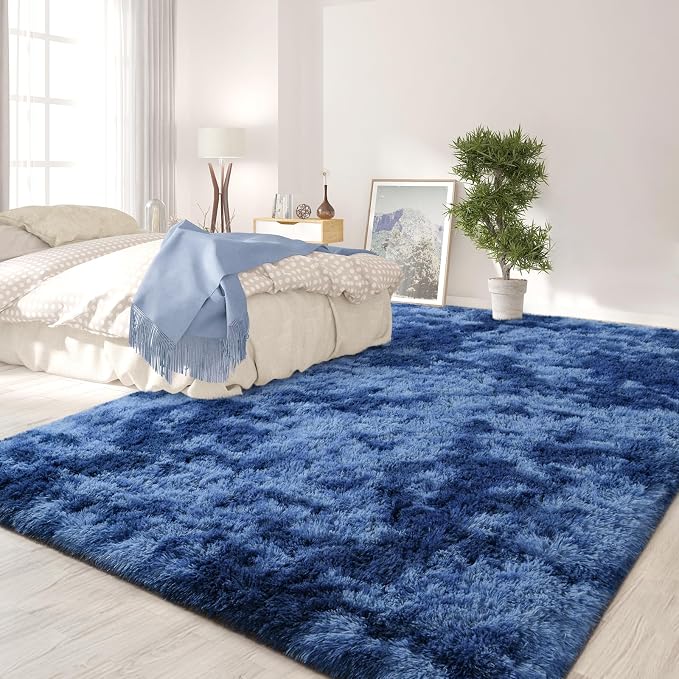 FlyDOIT Large Area Rugs for Living Room, 4x6 Feet Tie-Dyed Navy Blue Shaggy Rug - Image 3
