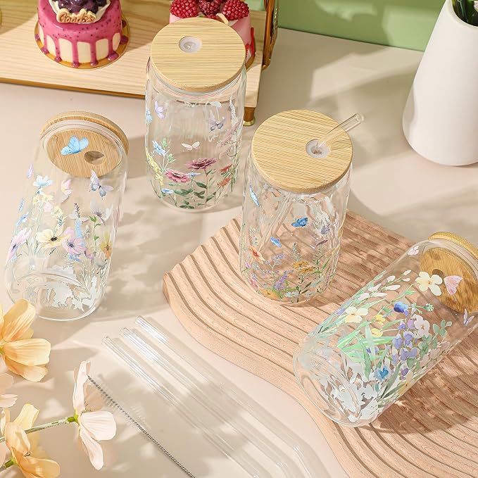 Mumufy 8 Pack Wildflower Glass Cups Gift Aesthetic Cute Glass Cup Tumbler - Image 4