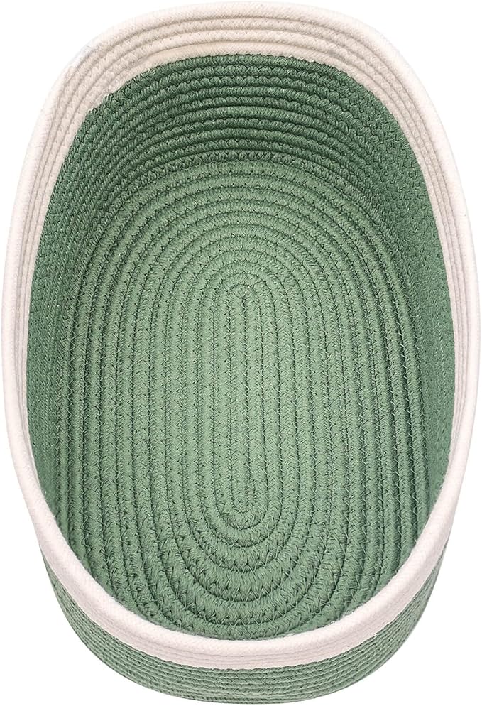 Shelf Storage Baskets for Organizing|Cute Basket for Closet&Blanket Storage|Small Woven Baskets to Store Toys,Books,etc.-13x8.66x5.11’’ Cotton Rope,Stylish,Oval 3 Packs Off White&Green