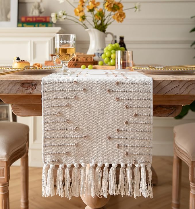 Boho Table Runner 13 x 108 Inch Long Natural Cotton Woven Runner by Caflife