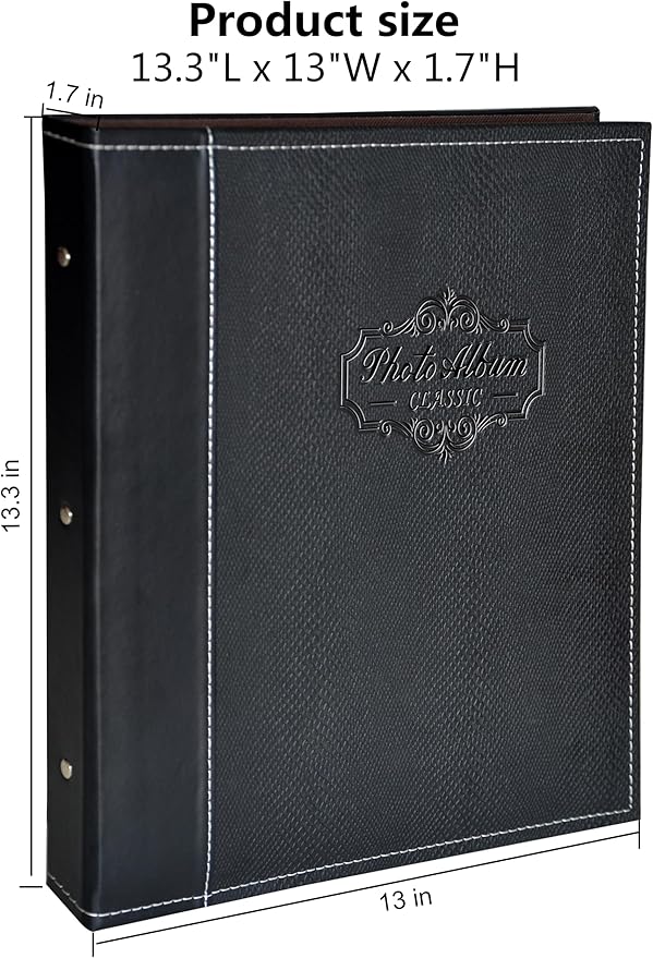 Photo Album Can Hold 3X5, 4X6, 5X7, 6X8, 8X10 Photos, Leather Cover, Magnetic Self-Stick Page, Hand Made DIY Albums (Black, Large)