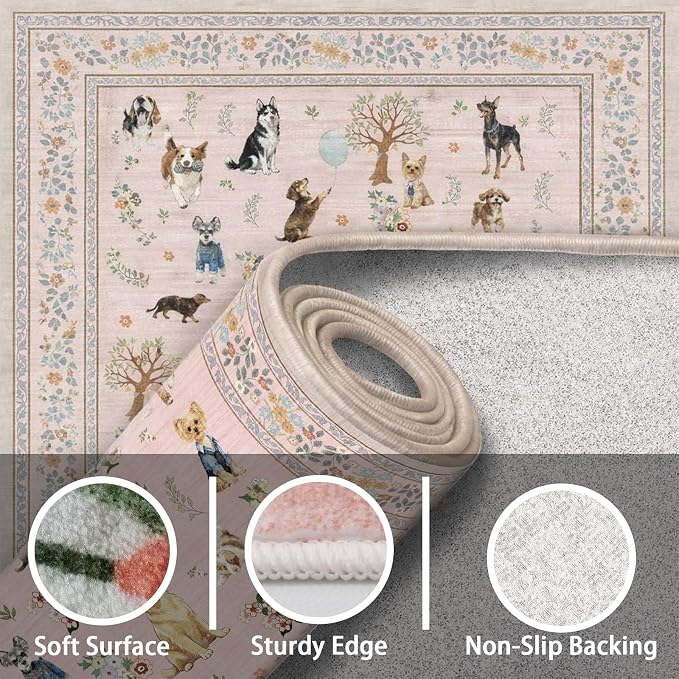 Pink Dogs Area Rugs 9x12 Living Room Washable Rug, Non Slip Floral Low Pile - Image 6