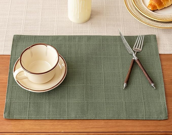 Linen Checked Placemats Set of 6, Sage Green Place Mats 12x18 Inch | Raised by Aoztio