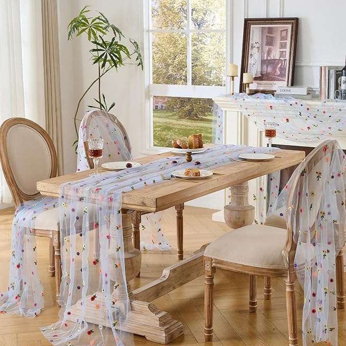 BINBE 6pcs Daisy Spring Table Runner Embroidery Gauze 10FT Florals Seasonal - Image 6