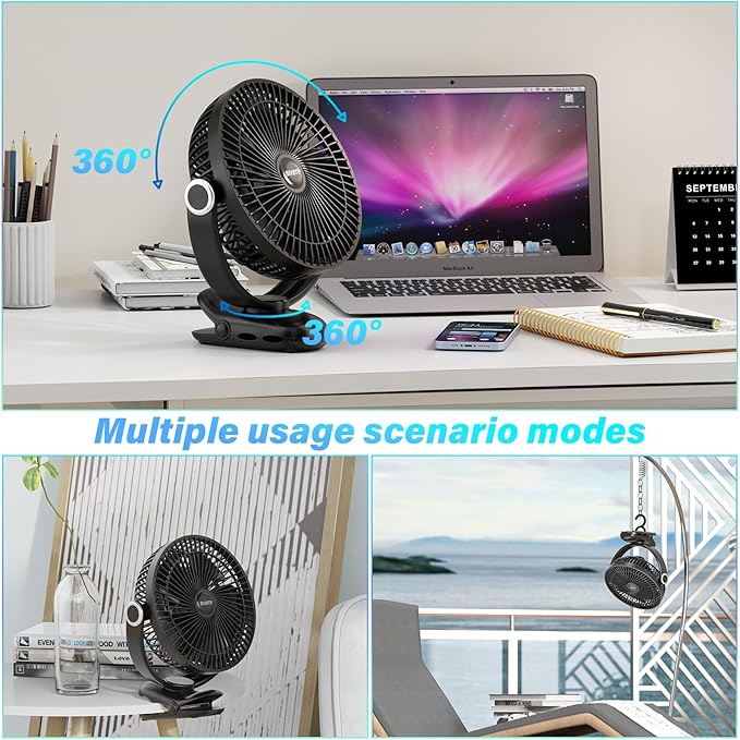 12000mAh Clip on Fan 30H Longest Runtime, 8in Portable Fan Rechargeable, Ultra Quiet with Heavy-Duty Clamp, USB Desk Fans for Golf Cart,Office Desk, Treadmill, Camping, Bedroom
