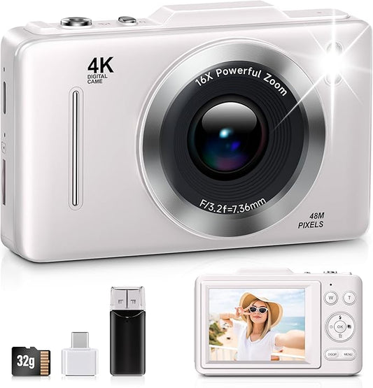 Digital Camera, FHD 1080P Kids Camera Digital with 16x Zoom Anti Shake, 32GB Card, 4K 48MP Portable Compact Point and Shoot Cameras, Vintage Small Camera for Teens Beginner Kids Present