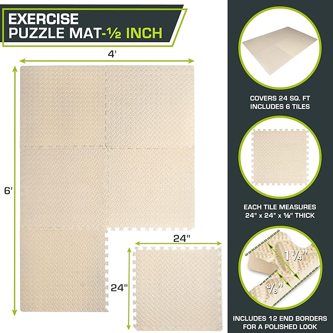 ProsourceFit Exercise Puzzle Mat 1/2-inch, EVA Interlocking Foam Floor Tiles - Image 2